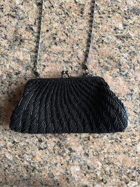 Black Beaded Evening Clutch with Chain Strap